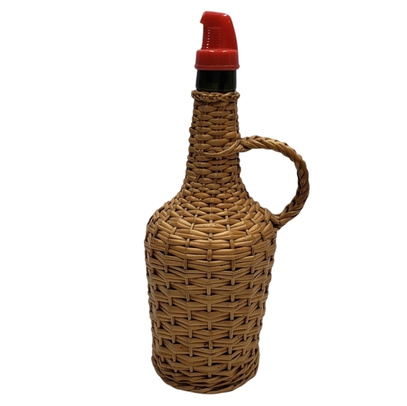 Vintage Wicker Wrapped Bottle Wine Oil Jug Red Pour Spout - Picture 1 of 13
